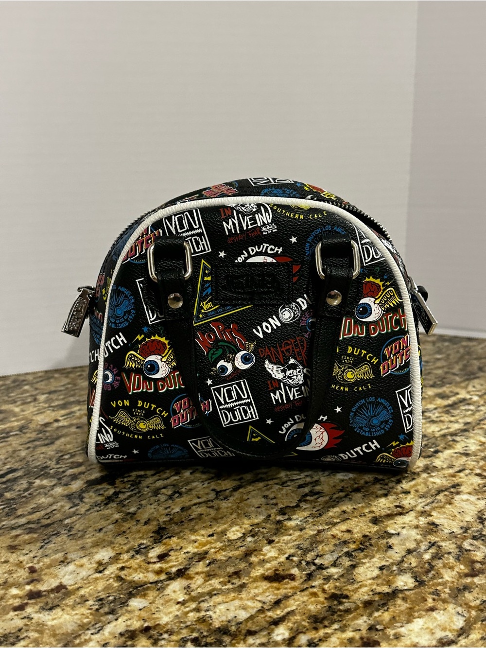 Von Dutch Black Graphic Tote Bag with Multicolor Logos